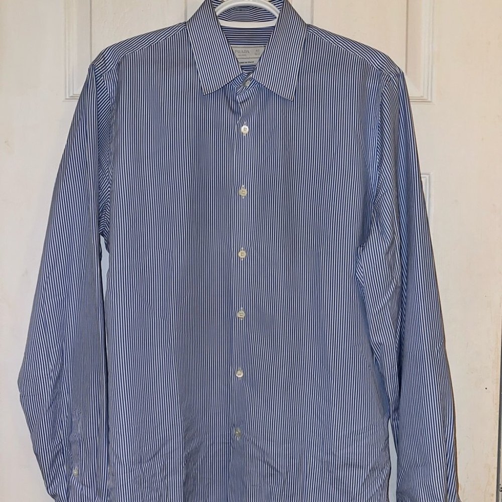 Prada Blue and White Striped Dress Shirt